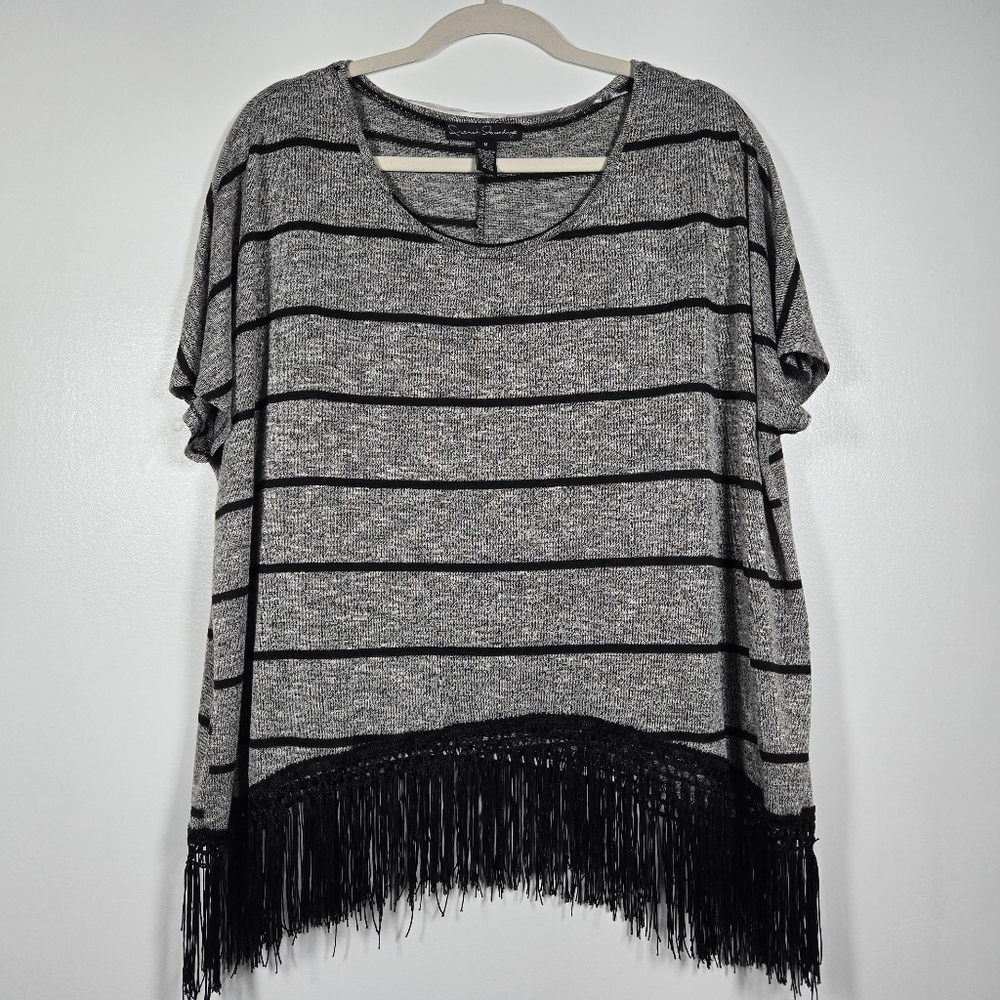 French Laundry Gray Black Stripe Fringe Trim Oversized Knit Top Size Medium